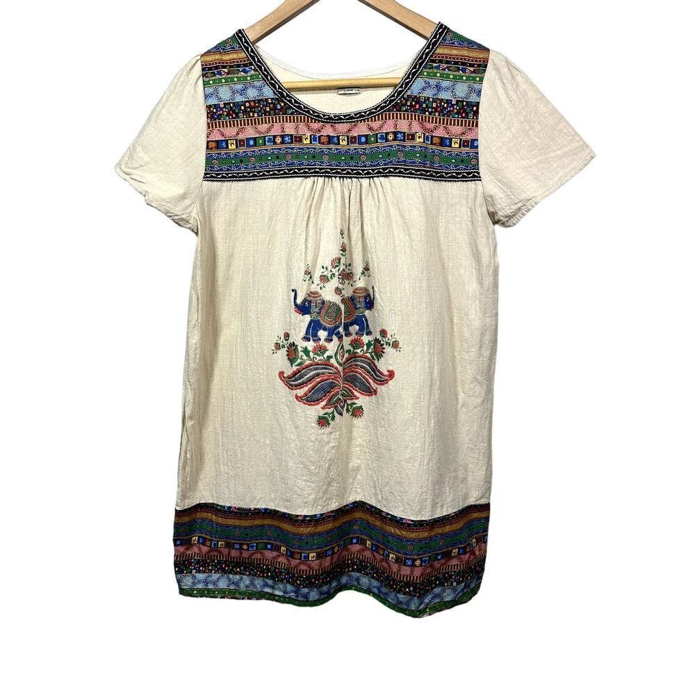 MUSA BOHO Women's Embroidered Elephant Short Sleeve Tunic Blouse Beige Size L/XL
